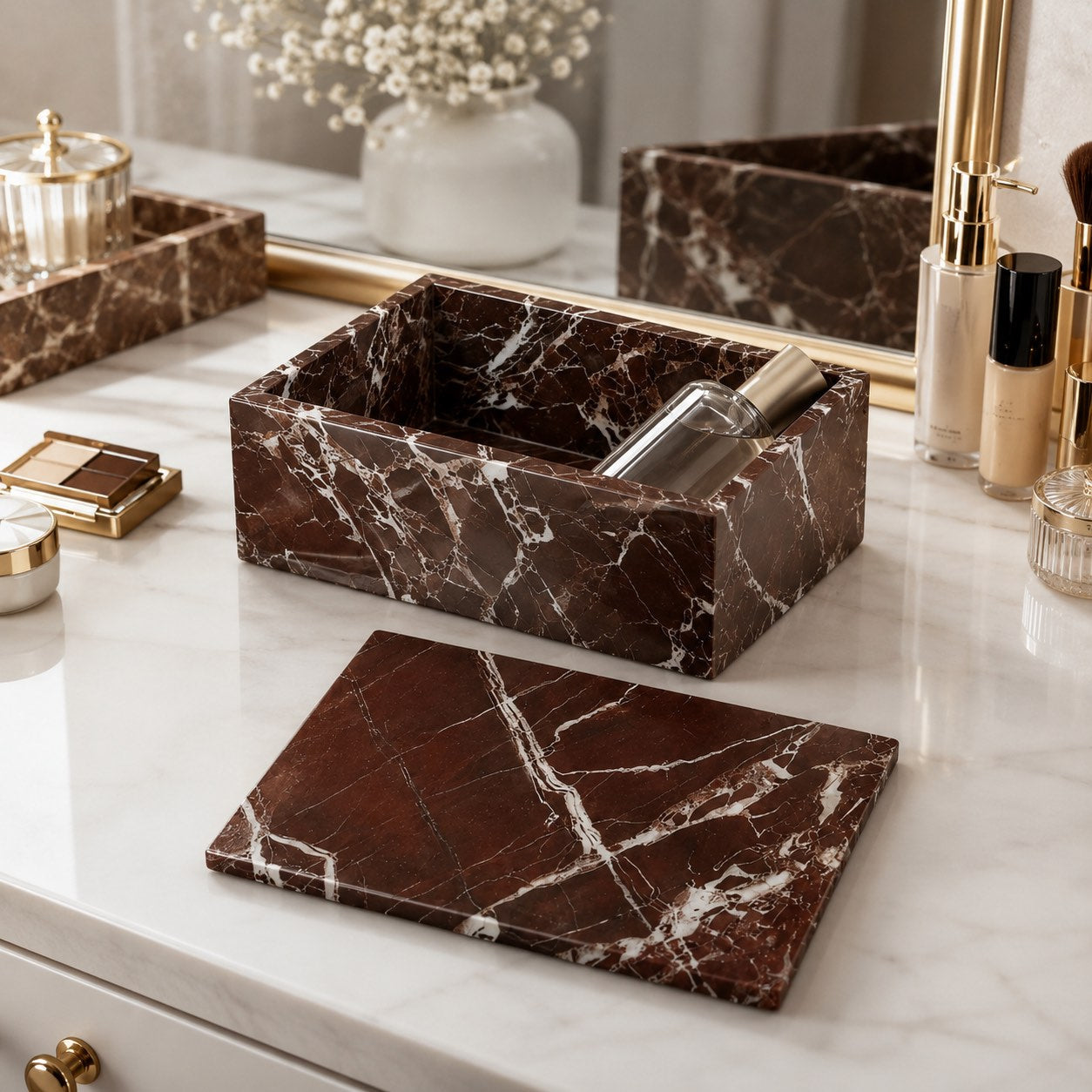 Modern Acrylic Bathroom Storage Organizer with Marble Look for Cotton Swabs and Pads | ribuella