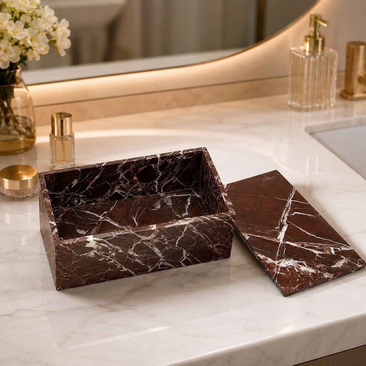 Modern Acrylic Bathroom Storage Organizer with Marble Look for Cotton Swabs and Pads | ribuella