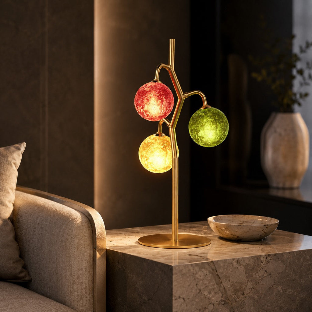 French Style Three-Head Table Lamp with Colored Glass Shades and Walnut Metal Base LED 7W | ribuella