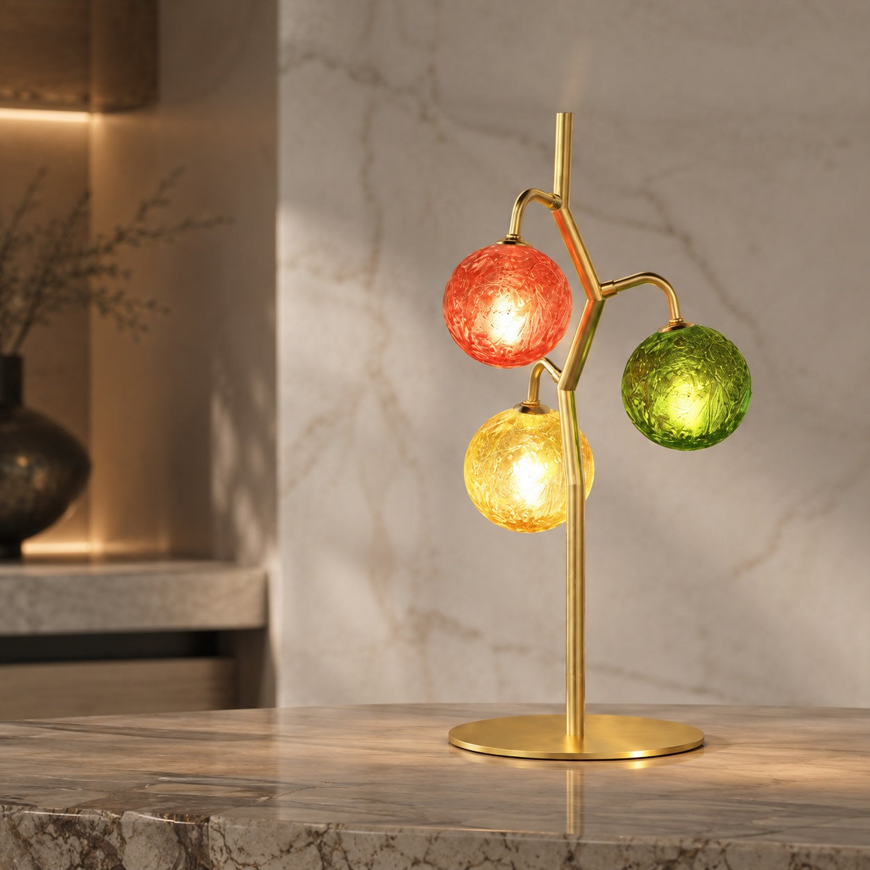 French Style Three-Head Table Lamp with Colored Glass Shades and Walnut Metal Base LED 7W | ribuella