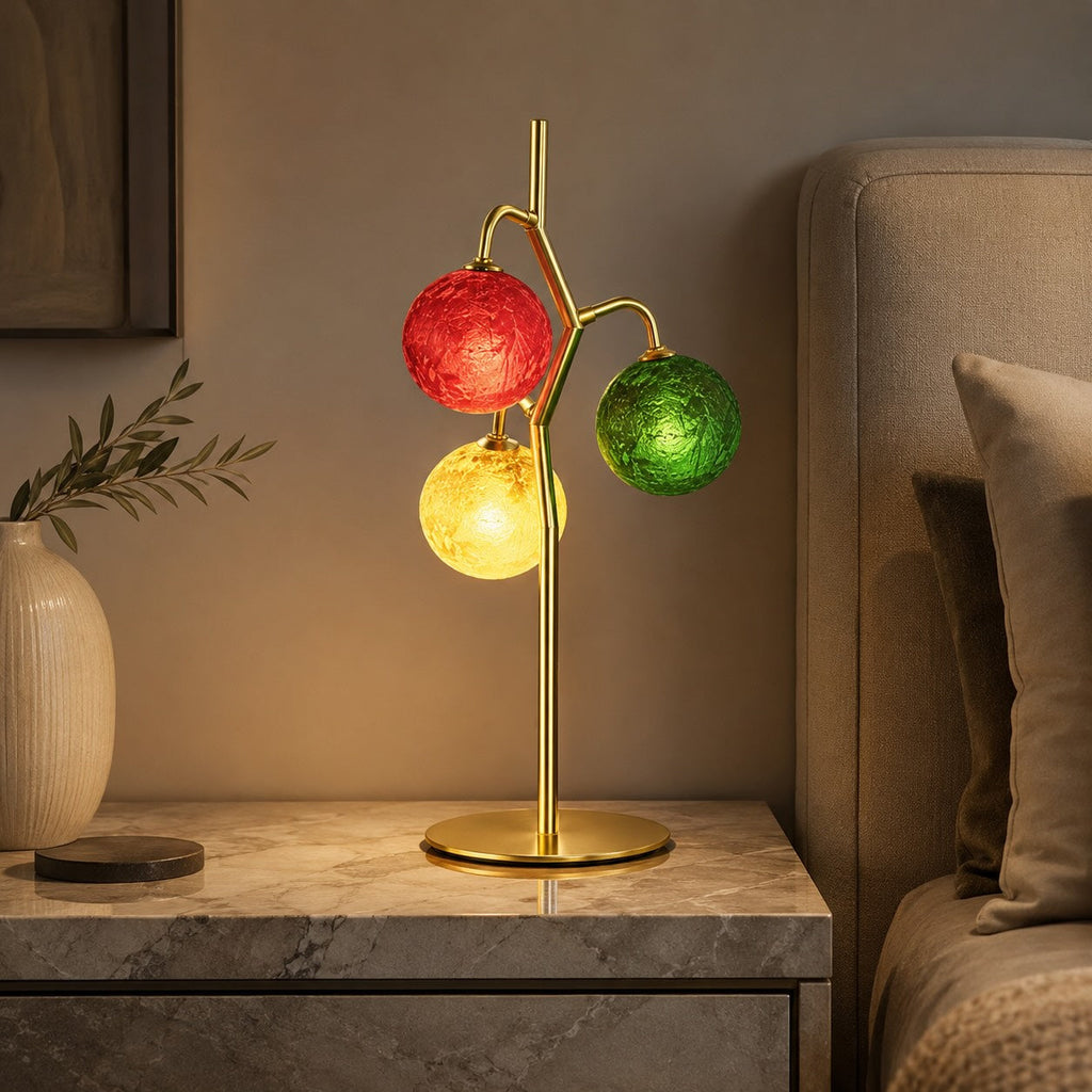 French Style Three-Head Table Lamp with Colored Glass Shades and Walnut Metal Base LED 7W | ribuella