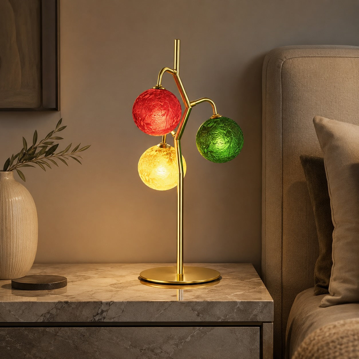 French Style Three-Head Table Lamp with Colored Glass Shades and Walnut Metal Base LED 7W | ribuella