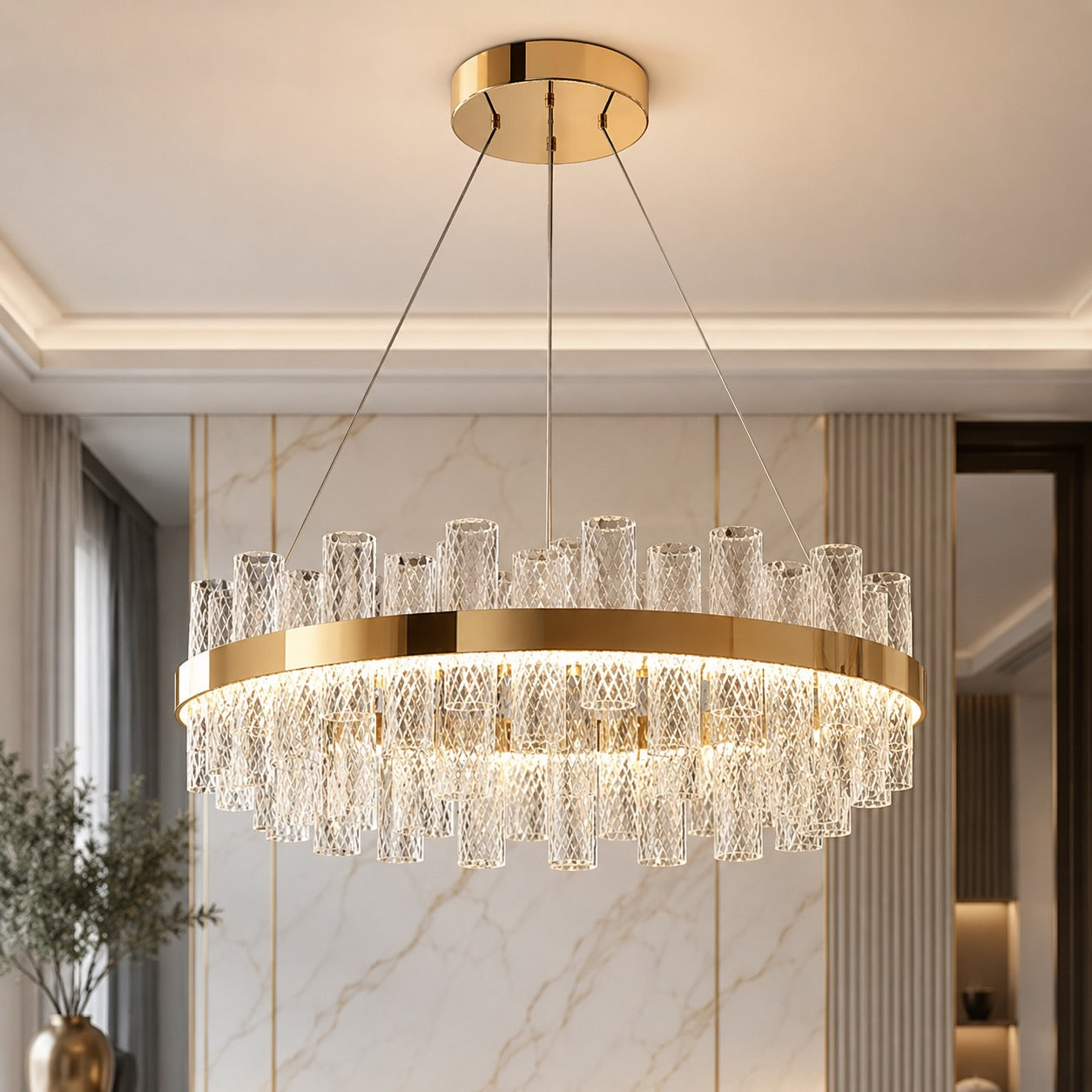 Moderner Kronleuchter mit höhenverstellbarer Hängeleuchte, Edelstahlrahmen, Crackle-Glasschirm, LED | ribuella