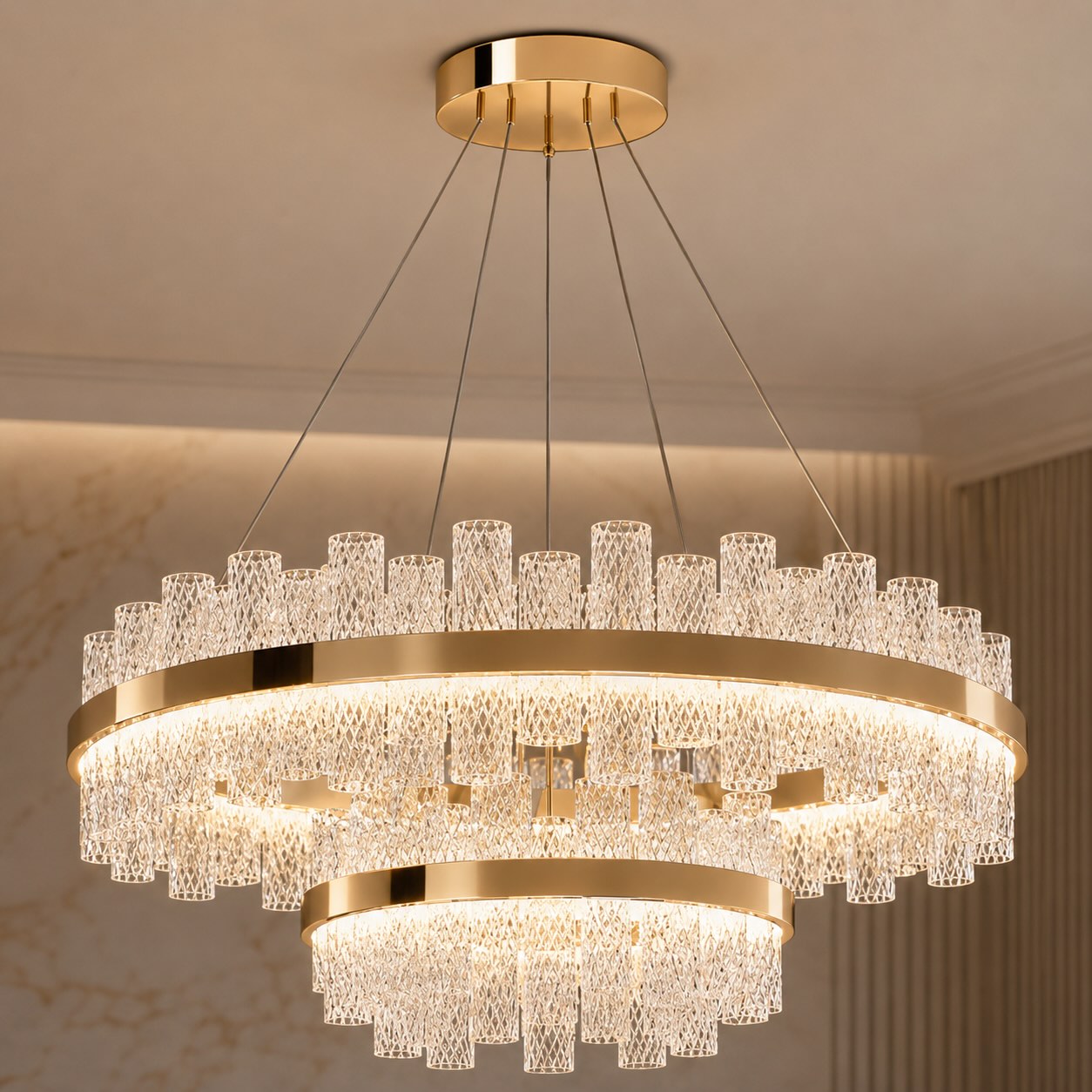 Moderner Kronleuchter mit höhenverstellbarer Hängeleuchte, Edelstahlrahmen, Crackle-Glasschirm, LED | ribuella