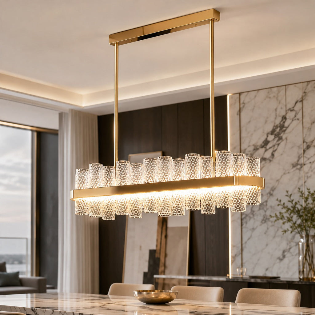 Moderner Kronleuchter mit höhenverstellbarer Hängeleuchte, Edelstahlrahmen, Crackle-Glasschirm, LED | ribuella