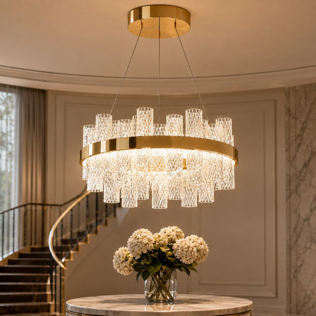 Moderner Kronleuchter mit höhenverstellbarer Hängeleuchte, Edelstahlrahmen, Crackle-Glasschirm, LED | ribuella