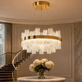 Moderner Kronleuchter mit höhenverstellbarer Hängeleuchte, Edelstahlrahmen, Crackle-Glasschirm, LED | ribuella