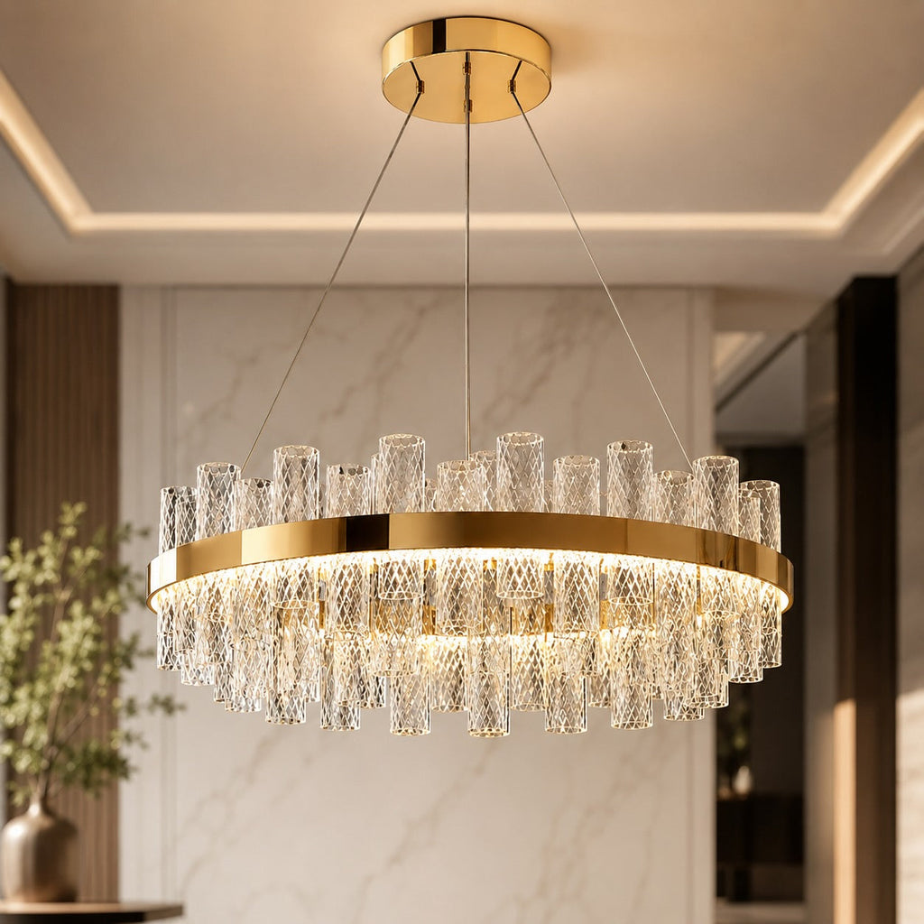 Moderner Kronleuchter mit höhenverstellbarer Hängeleuchte, Edelstahlrahmen, Crackle-Glasschirm, LED | ribuella