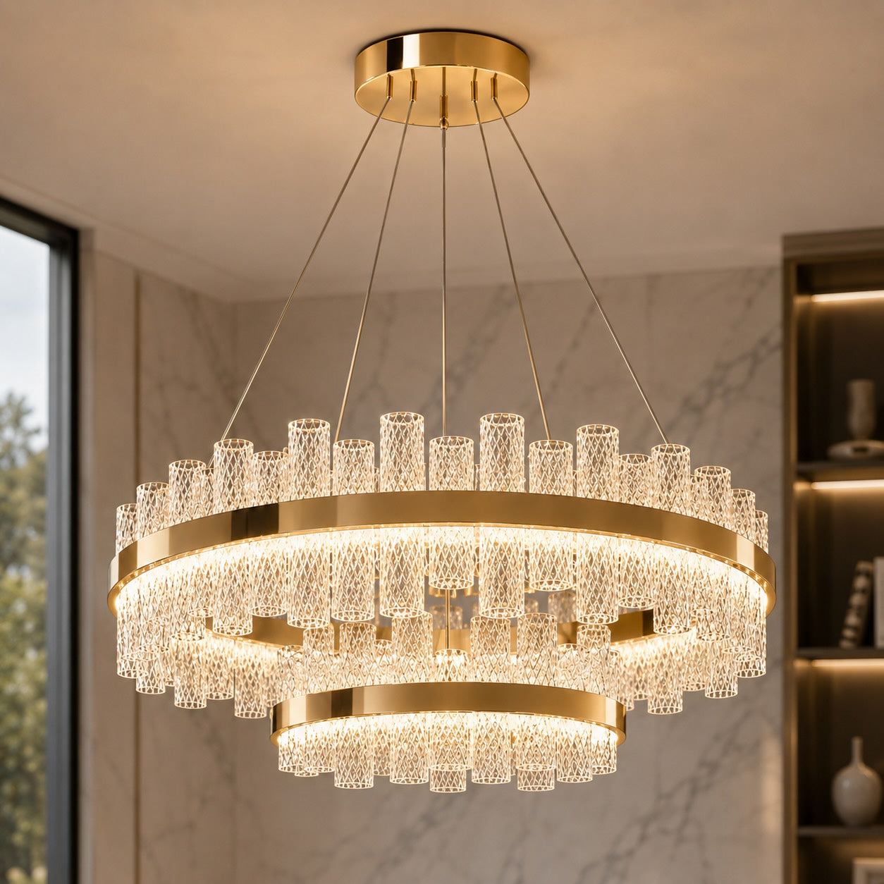 Moderner Kronleuchter mit höhenverstellbarer Hängeleuchte, Edelstahlrahmen, Crackle-Glasschirm, LED | ribuella