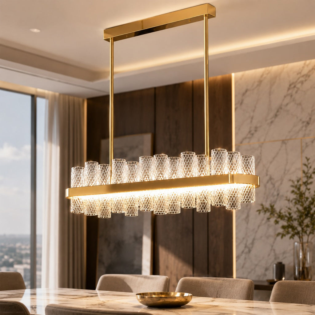 Moderner Kronleuchter mit höhenverstellbarer Hängeleuchte, Edelstahlrahmen, Crackle-Glasschirm, LED | ribuella