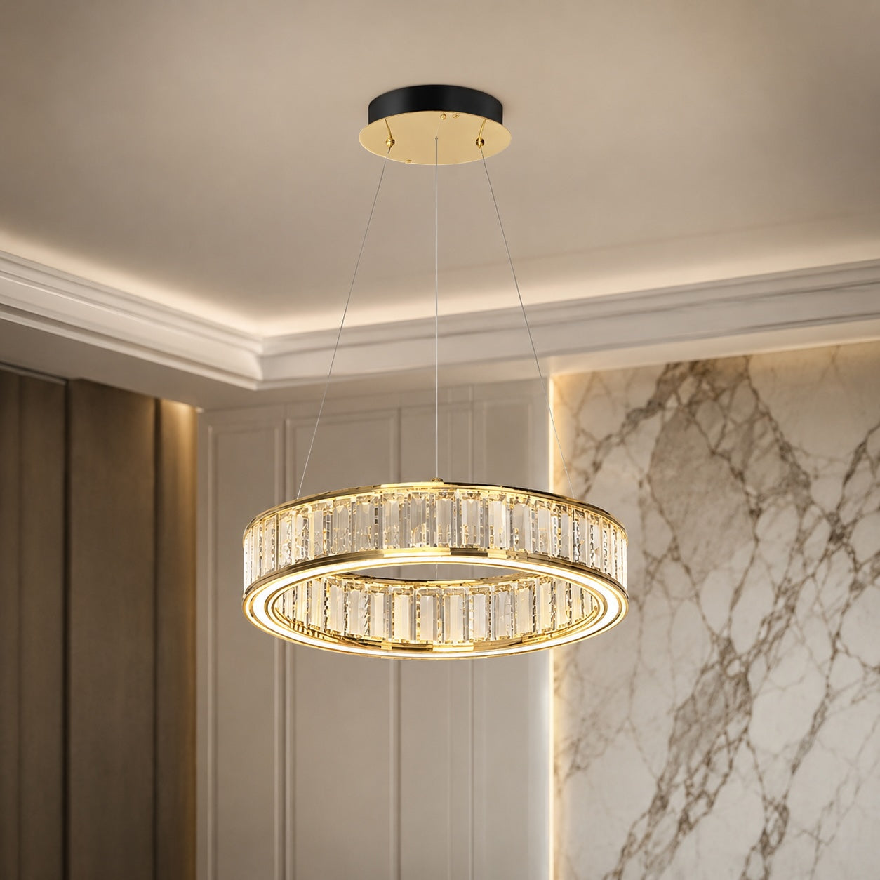 Modern Crystal Chandelier Hanging Light Adjustable LED Gold Aluminum Frame Three-Color Dimming | ribuella