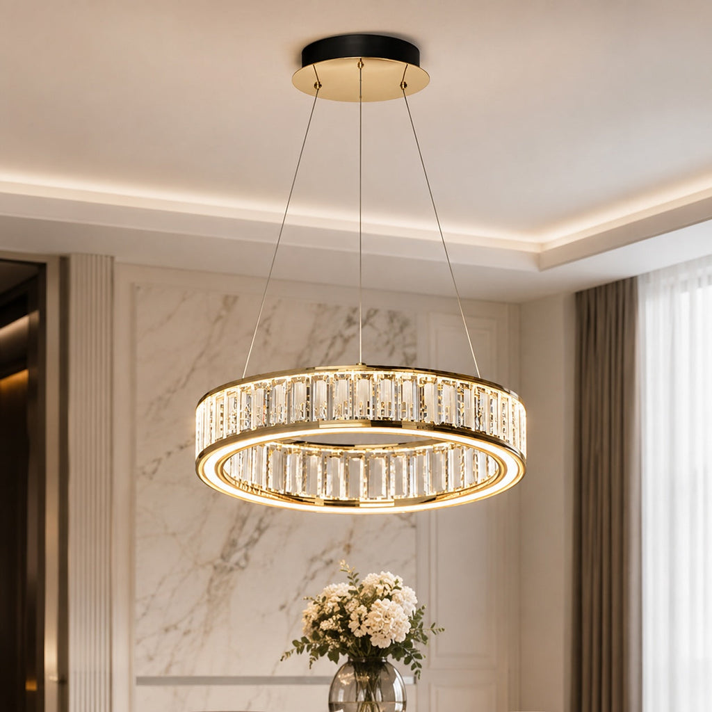 Modern Crystal Chandelier Hanging Light Adjustable LED Gold Aluminum Frame Three-Color Dimming | ribuella