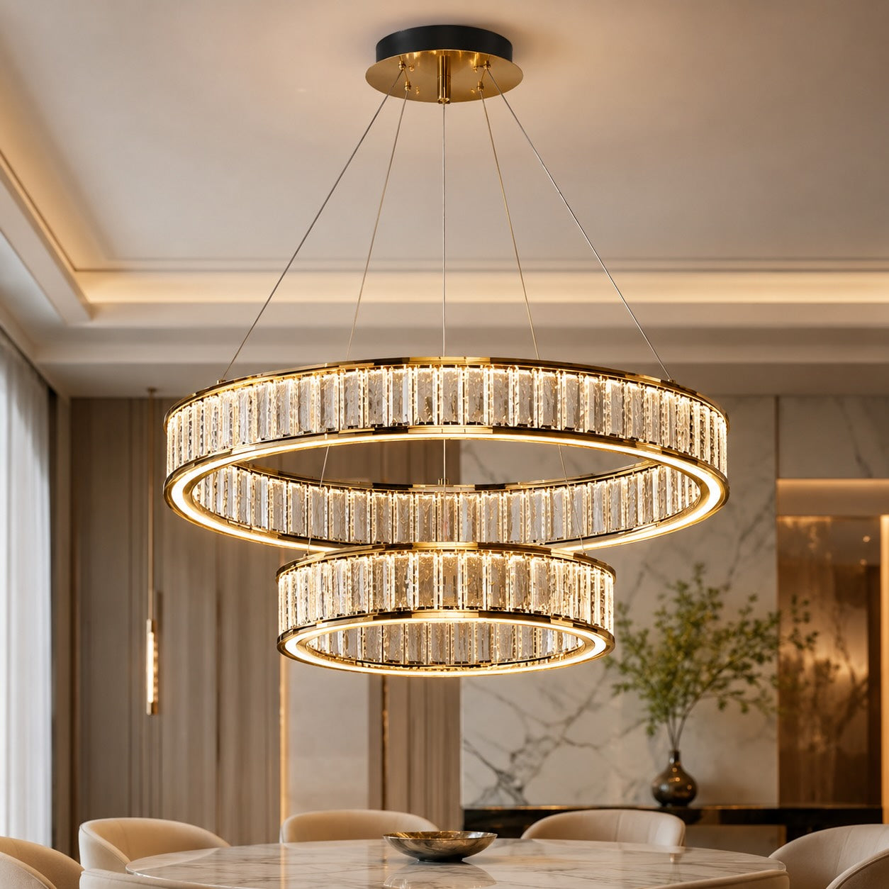 Modern Crystal Chandelier Hanging Light Adjustable LED Gold Aluminum Frame Three-Color Dimming | ribuella