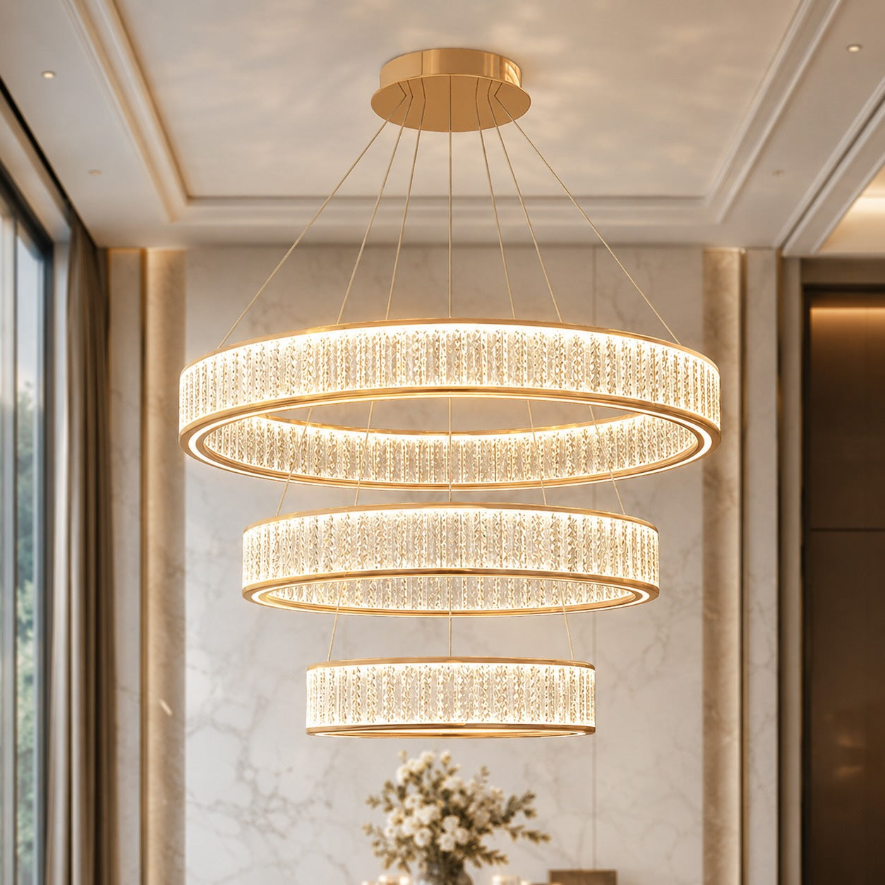 Modern Crystal Chandelier Hanging Light Adjustable LED Gold Aluminum Frame Three-Color Dimming | ribuella