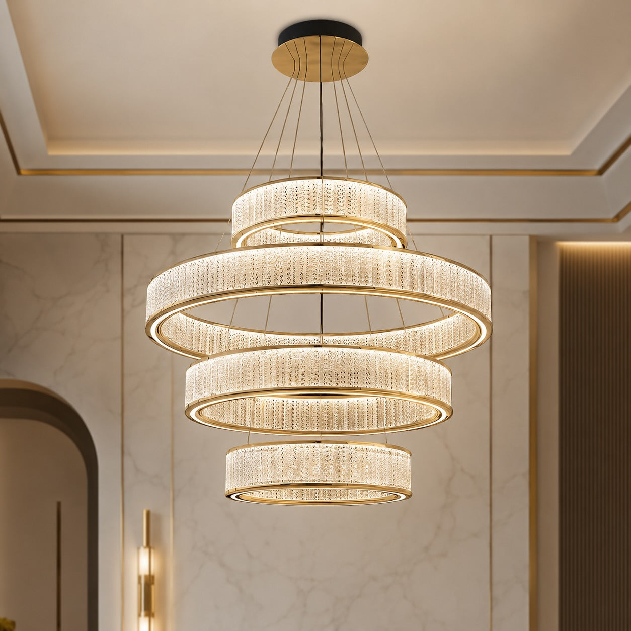 Modern Crystal Chandelier Hanging Light Adjustable LED Gold Aluminum Frame Three-Color Dimming | ribuella
