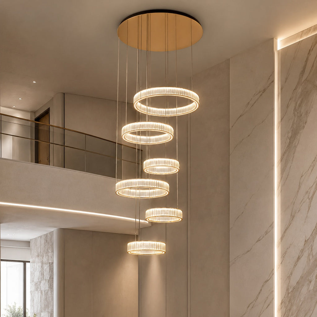 Modern Crystal Chandelier Hanging Light Adjustable LED Gold Aluminum Frame Three-Color Dimming | ribuella