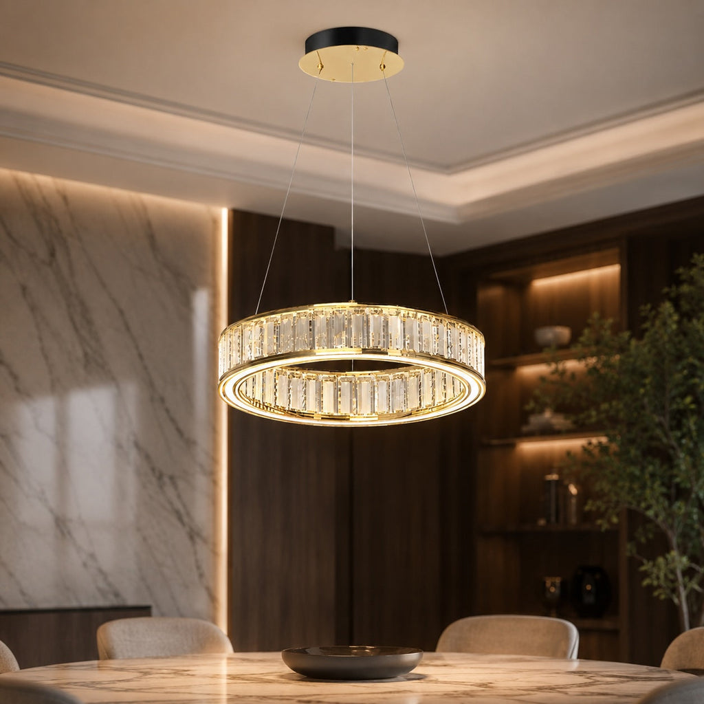 Modern Crystal Chandelier Hanging Light Adjustable LED Gold Aluminum Frame Three-Color Dimming | ribuella
