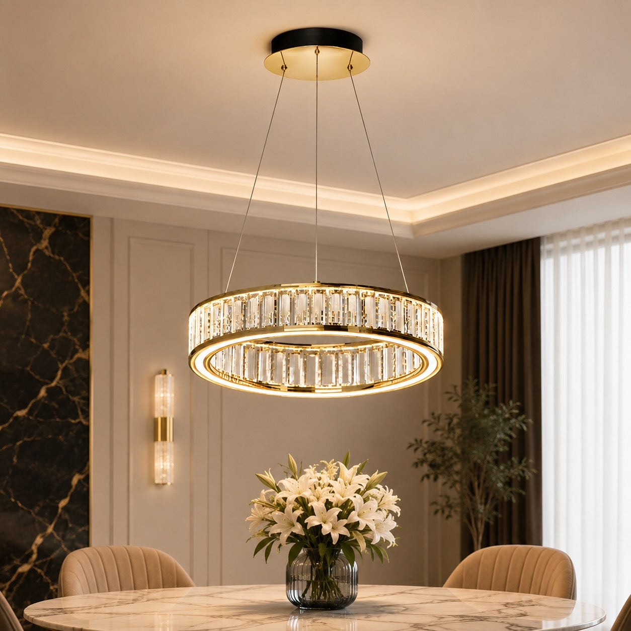 Modern Crystal Chandelier Hanging Light Adjustable LED Gold Aluminum Frame Three-Color Dimming | ribuella