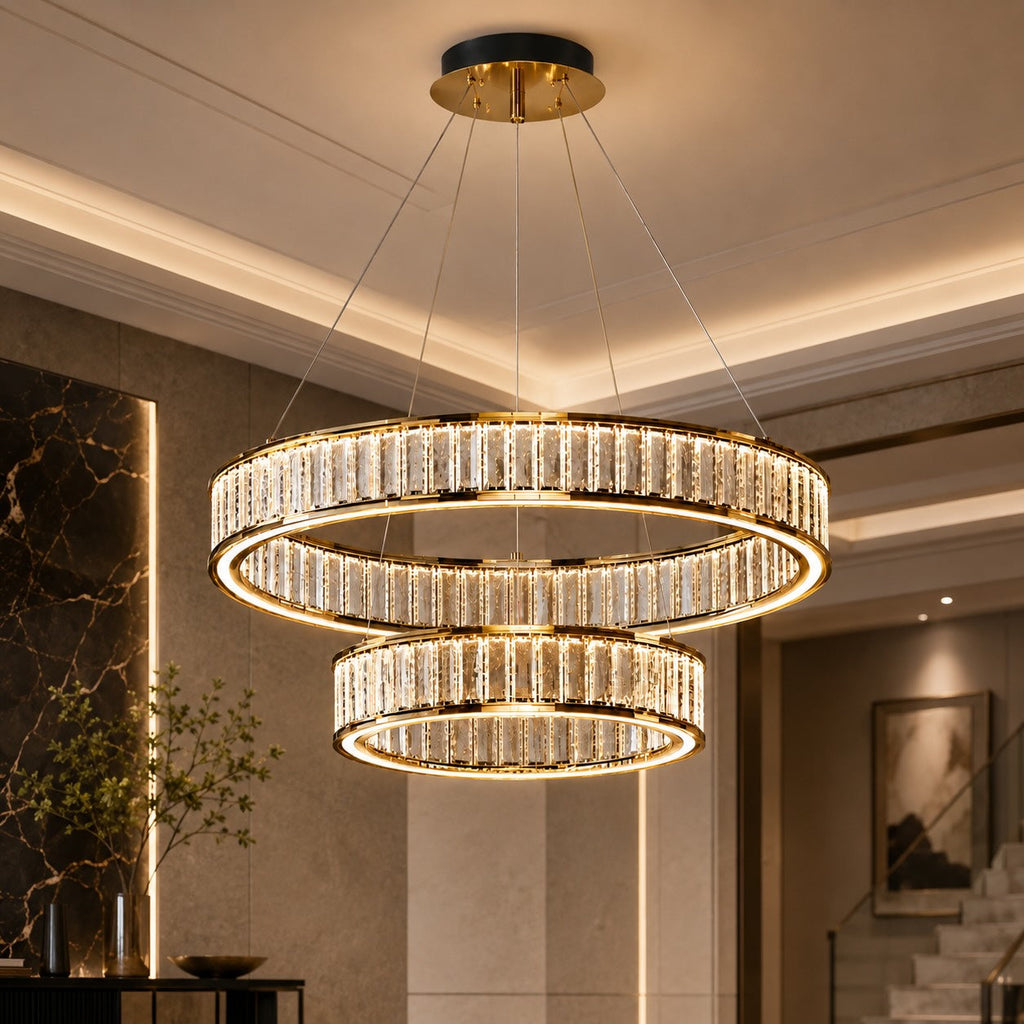 Modern Crystal Chandelier Hanging Light Adjustable LED Gold Aluminum Frame Three-Color Dimming | ribuella