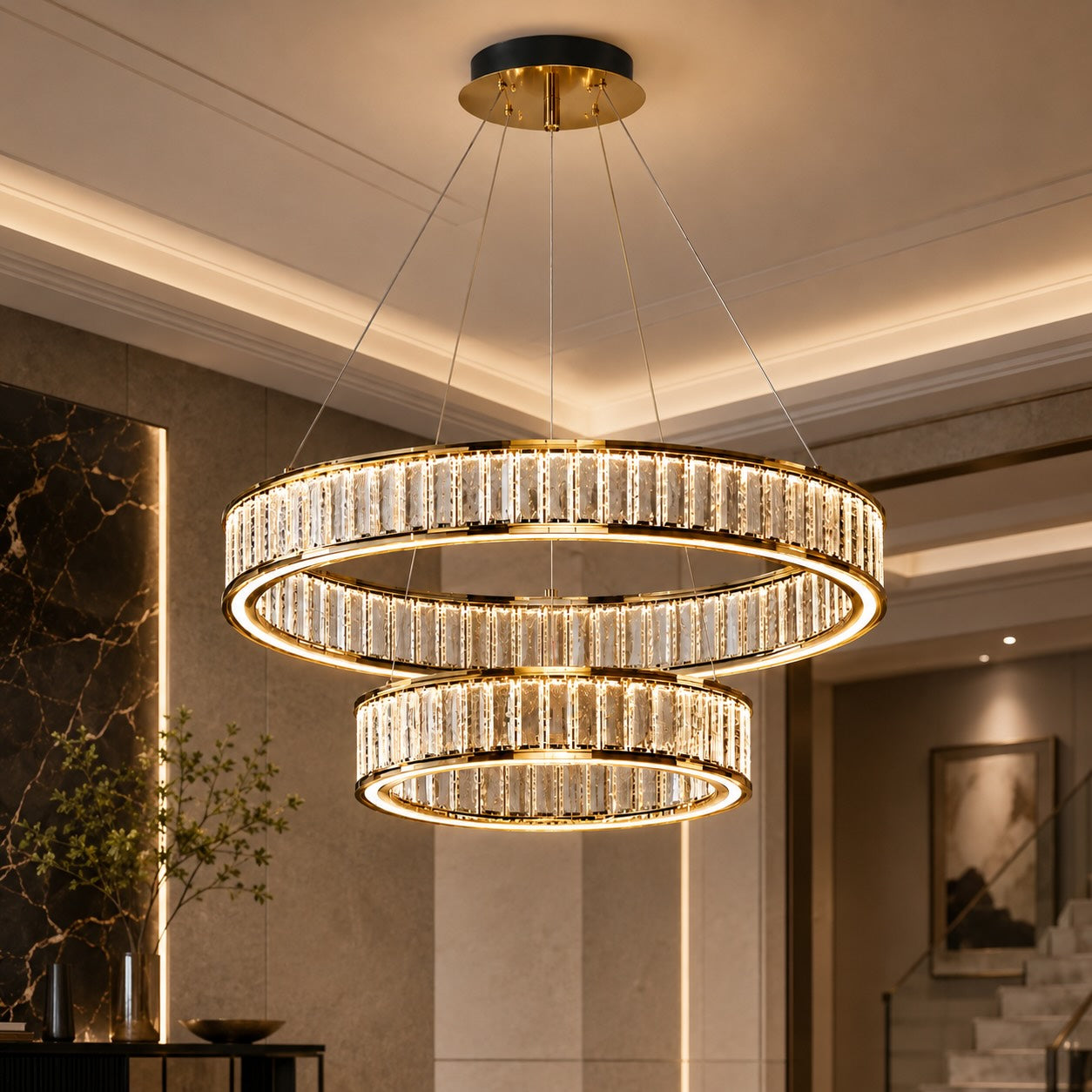 Modern Crystal Chandelier Hanging Light Adjustable LED Gold Aluminum Frame Three-Color Dimming | ribuella