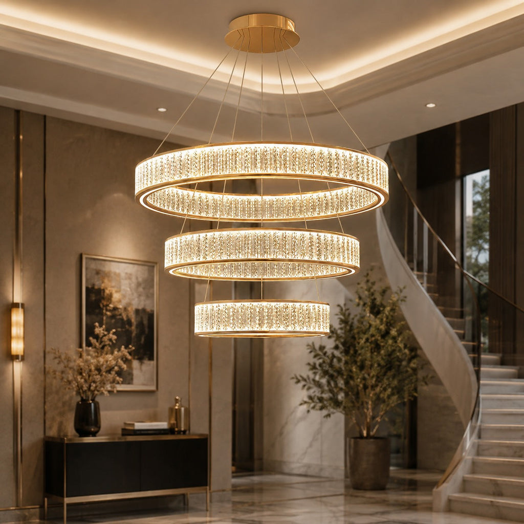 Modern Crystal Chandelier Hanging Light Adjustable LED Gold Aluminum Frame Three-Color Dimming | ribuella