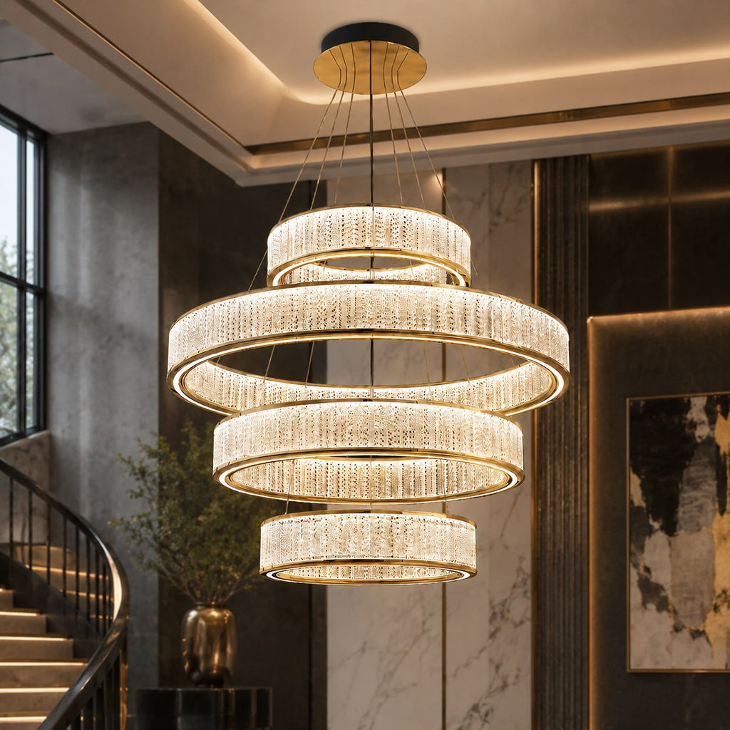 Modern Crystal Chandelier Hanging Light Adjustable LED Gold Aluminum Frame Three-Color Dimming | ribuella