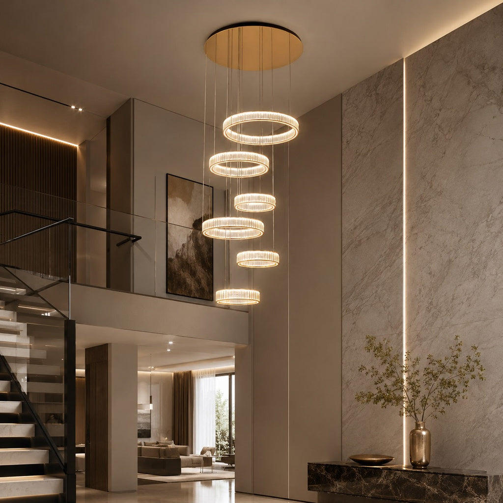 Modern Crystal Chandelier Hanging Light Adjustable LED Gold Aluminum Frame Three-Color Dimming | ribuella