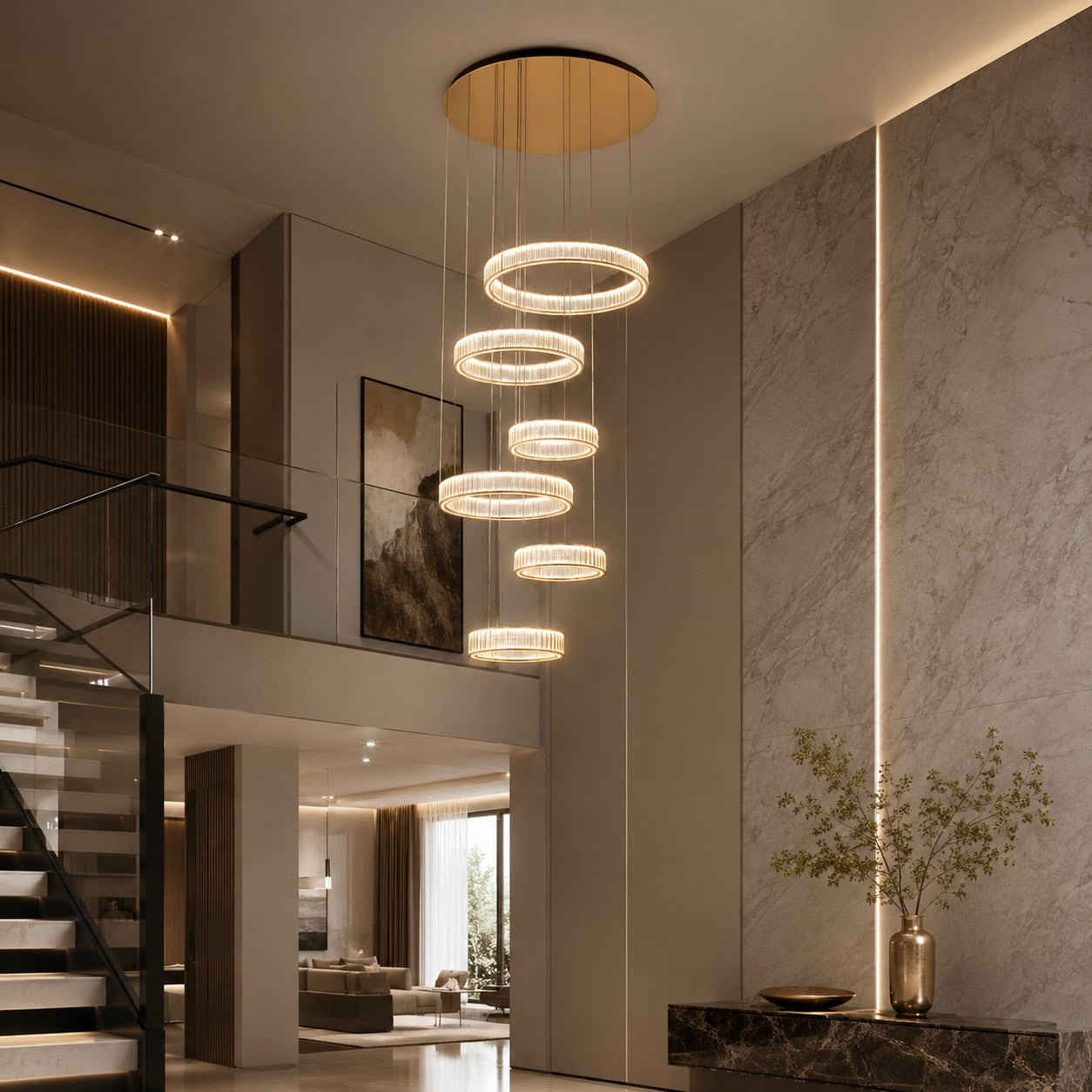 Modern Crystal Chandelier Hanging Light Adjustable LED Gold Aluminum Frame Three-Color Dimming | ribuella