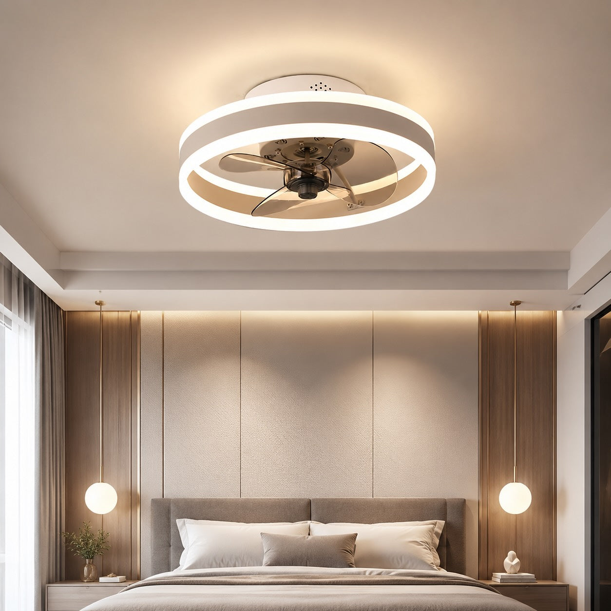 Modern Gold Flush Mount Ceiling Fan with Dimmable LED Light and ABS Blades for Home Use | ribuella