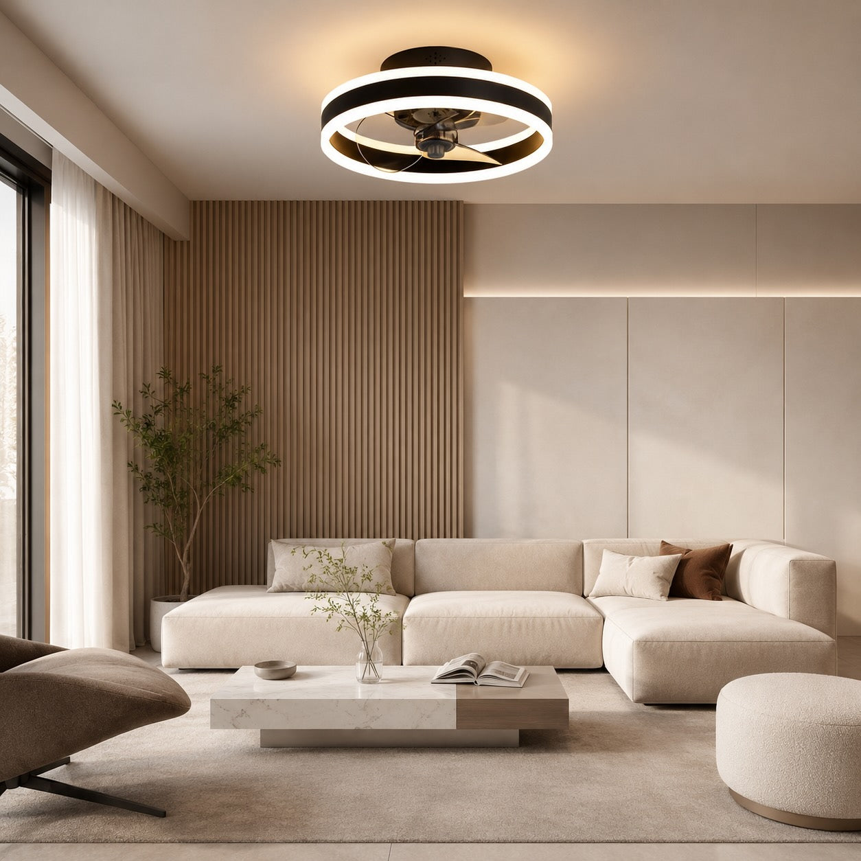 Modern Gold Flush Mount Ceiling Fan with Dimmable LED Light and ABS Blades for Home Use | ribuella