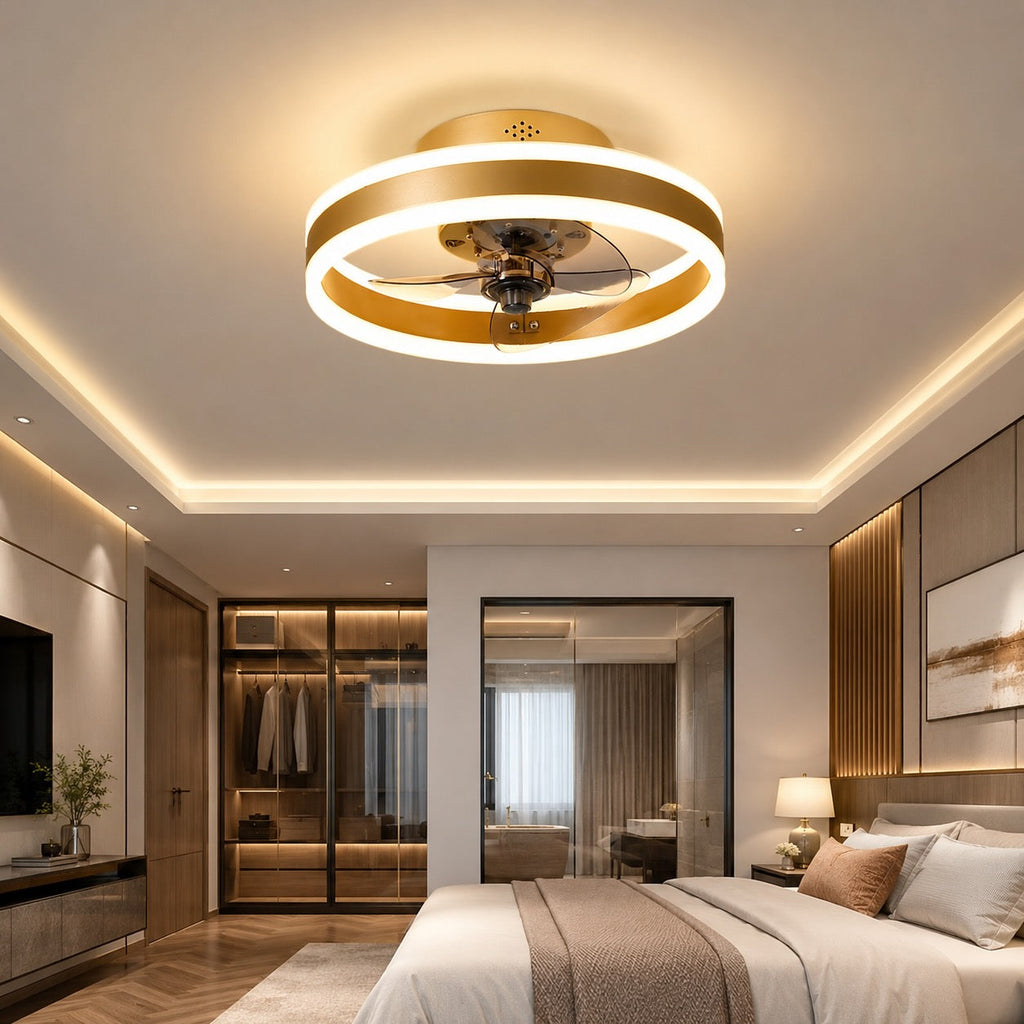 Modern Gold Flush Mount Ceiling Fan with Dimmable LED Light and ABS Blades for Home Use | ribuella