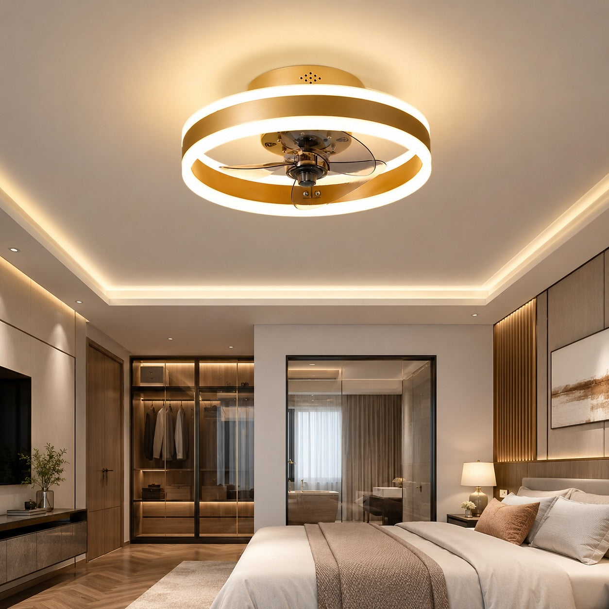 Modern Gold Flush Mount Ceiling Fan with Dimmable LED Light and ABS Blades for Home Use | ribuella