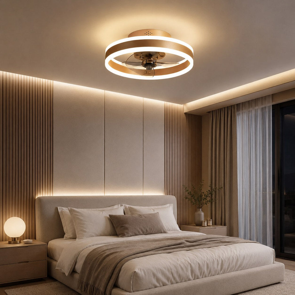 Modern Gold Flush Mount Ceiling Fan with Dimmable LED Light and ABS Blades for Home Use | ribuella