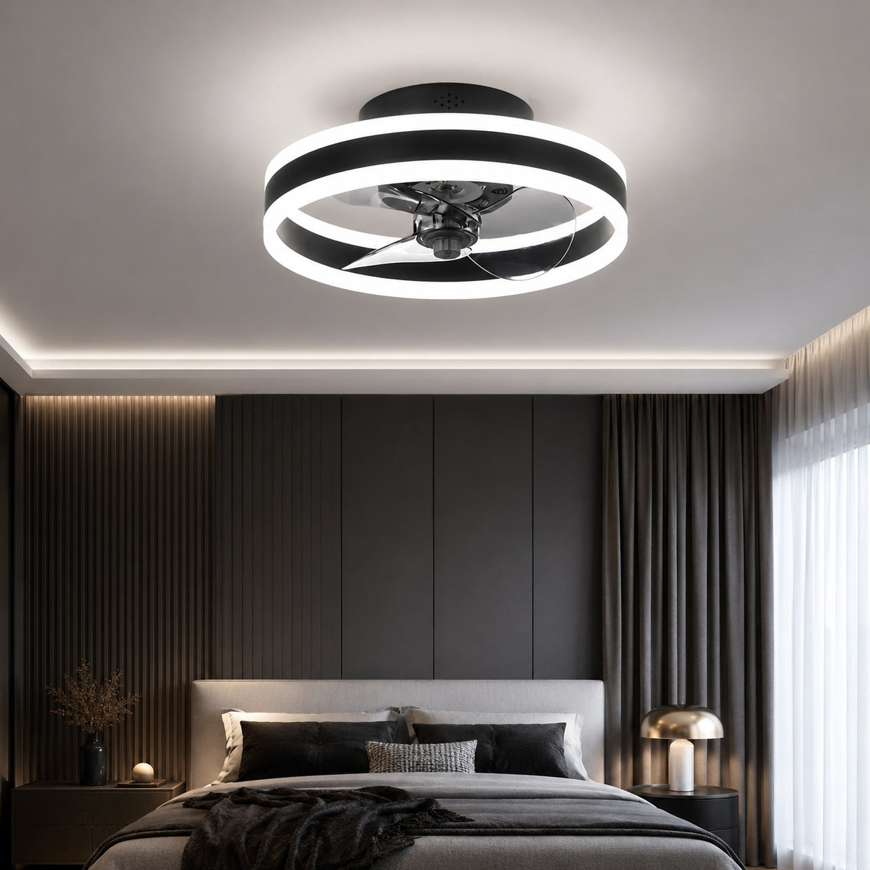 Modern Gold Flush Mount Ceiling Fan with Dimmable LED Light and ABS Blades for Home Use | ribuella