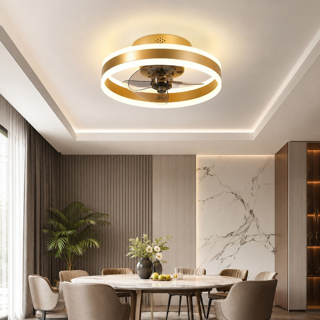 Modern Gold Flush Mount Ceiling Fan with Dimmable LED Light and ABS Blades for Home Use | ribuella