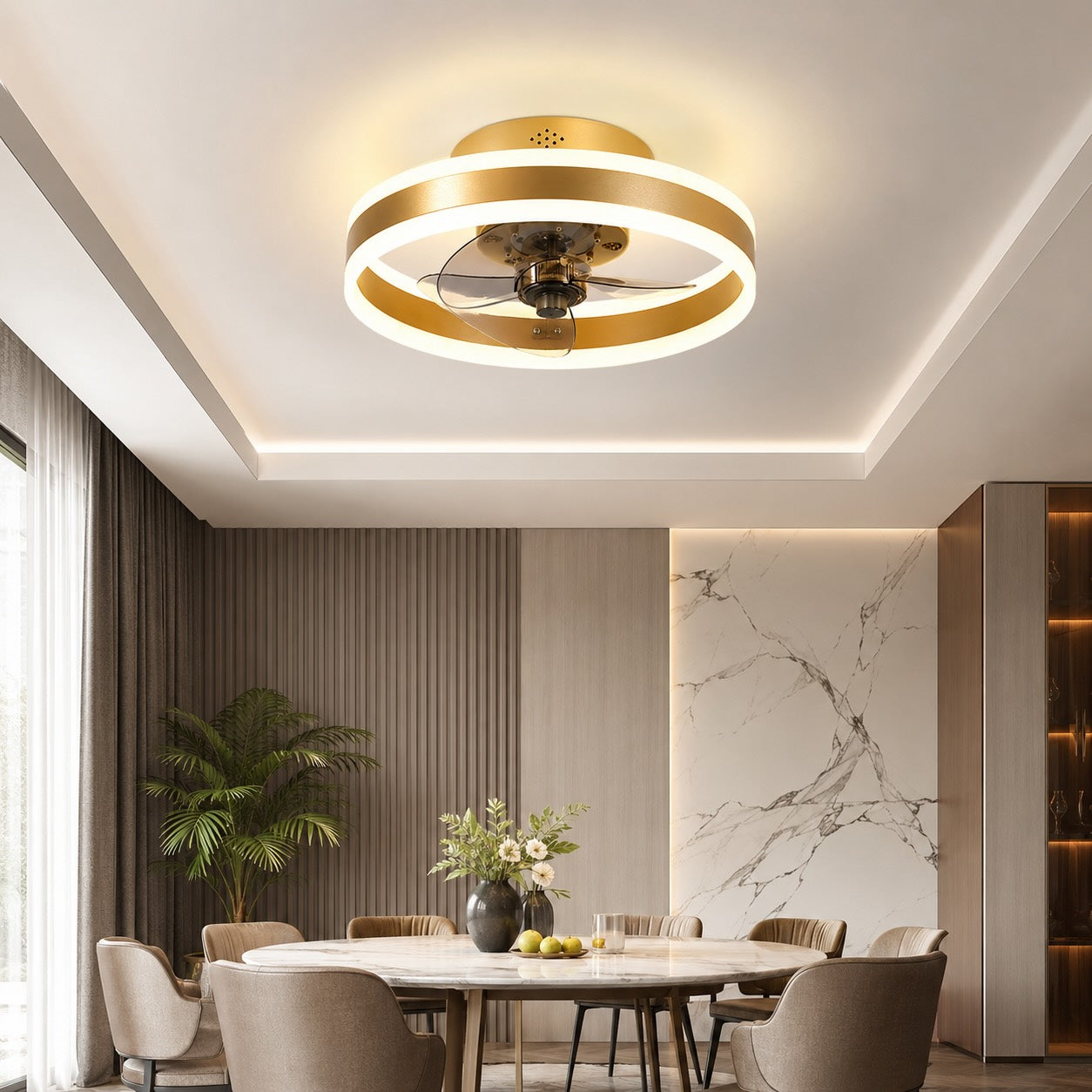 Modern Gold Flush Mount Ceiling Fan with Dimmable LED Light and ABS Blades for Home Use | ribuella