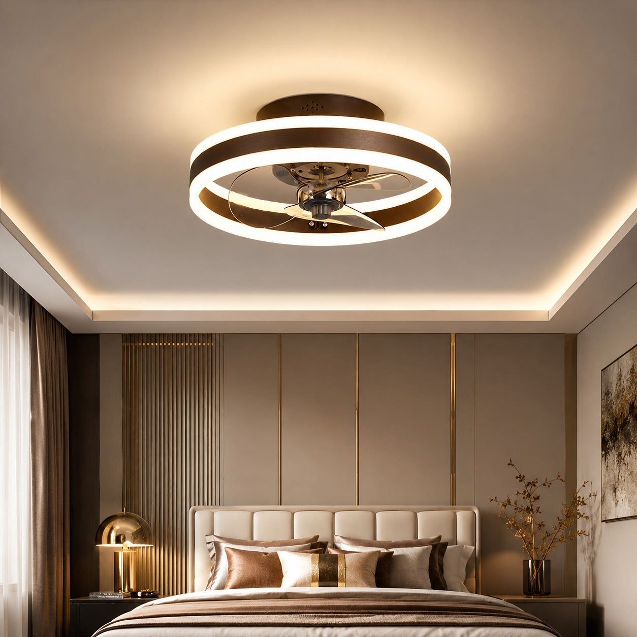 Modern Gold Flush Mount Ceiling Fan with Dimmable LED Light and ABS Blades for Home Use | ribuella
