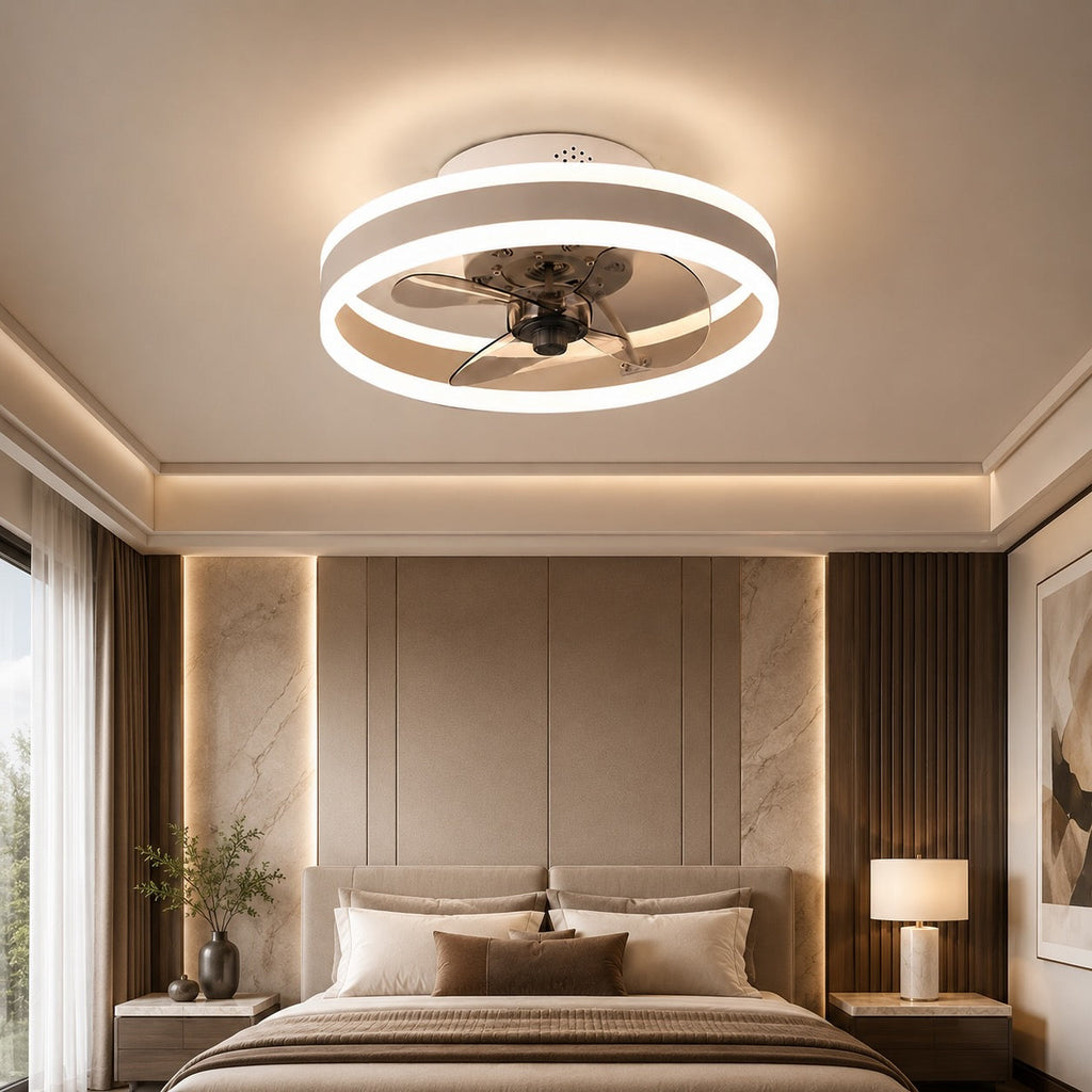 Modern Gold Flush Mount Ceiling Fan with Dimmable LED Light and ABS Blades for Home Use | ribuella
