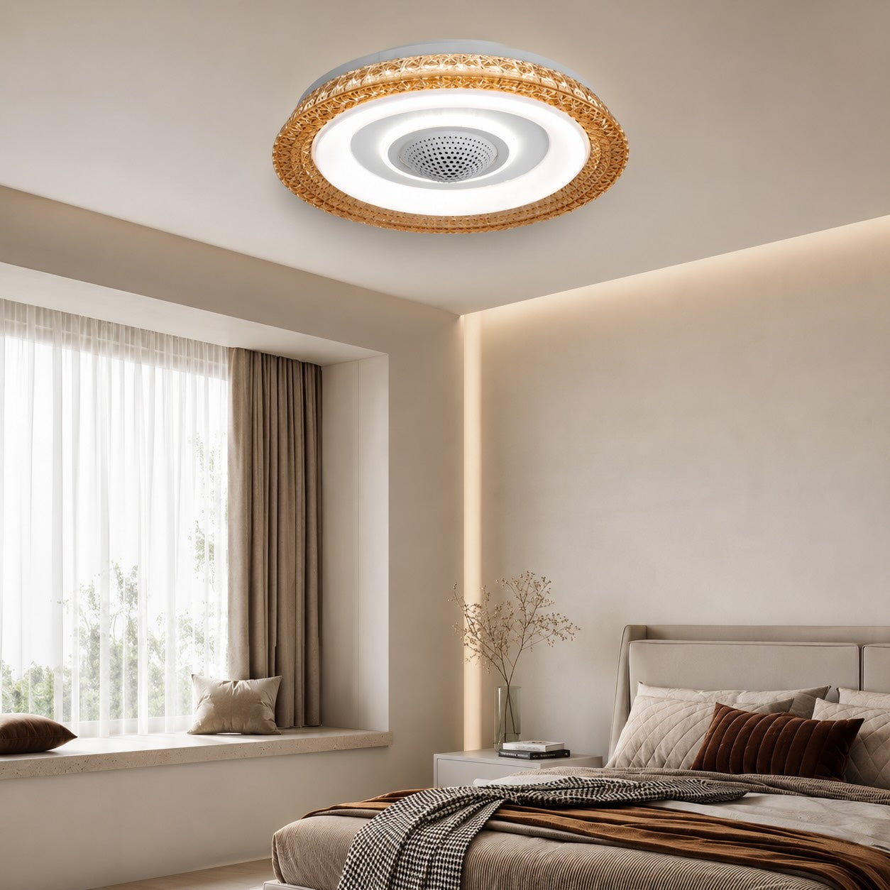 Modern Bladeless Ceiling Fan Flush Mount Acrylic Shade LED Dimmable 6-Speed Indoor Air Purifier | ribuella