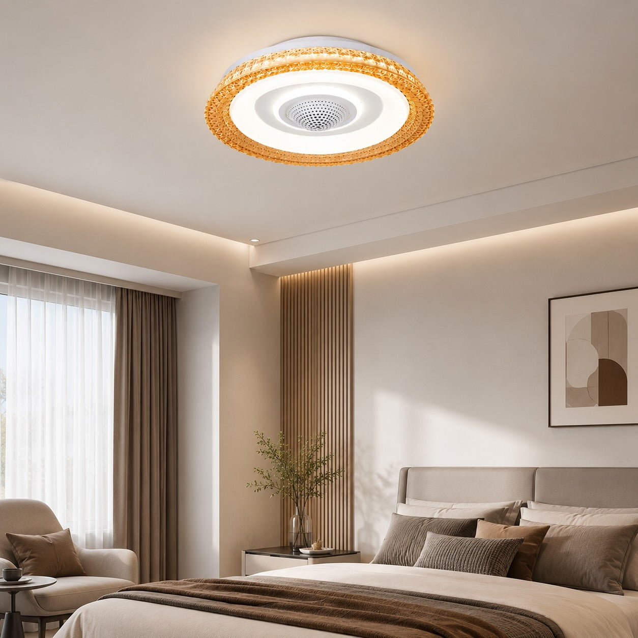 Modern Bladeless Ceiling Fan Flush Mount Acrylic Shade LED Dimmable 6-Speed Indoor Air Purifier | ribuella