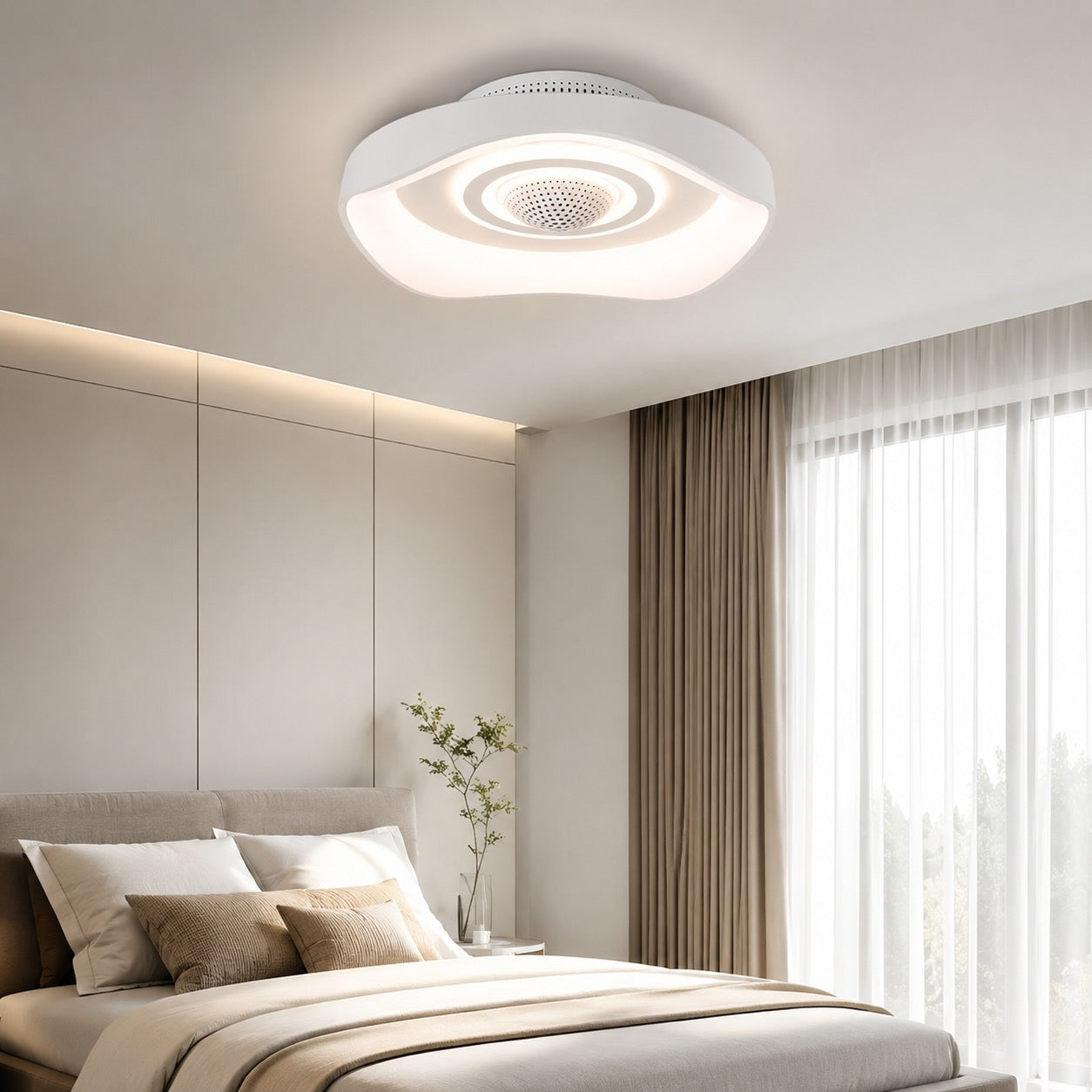 Moderní bezlopatkový stropní ventilátor 20 Inch s plochou montáží, železný, s nastavitelným LED světlem a nastavitelnou rychlostí | ribuella