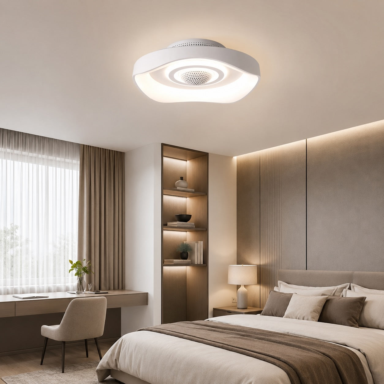 Moderní bezlopatkový stropní ventilátor 20 Inch s plochou montáží, železný, s nastavitelným LED světlem a nastavitelnou rychlostí | ribuella