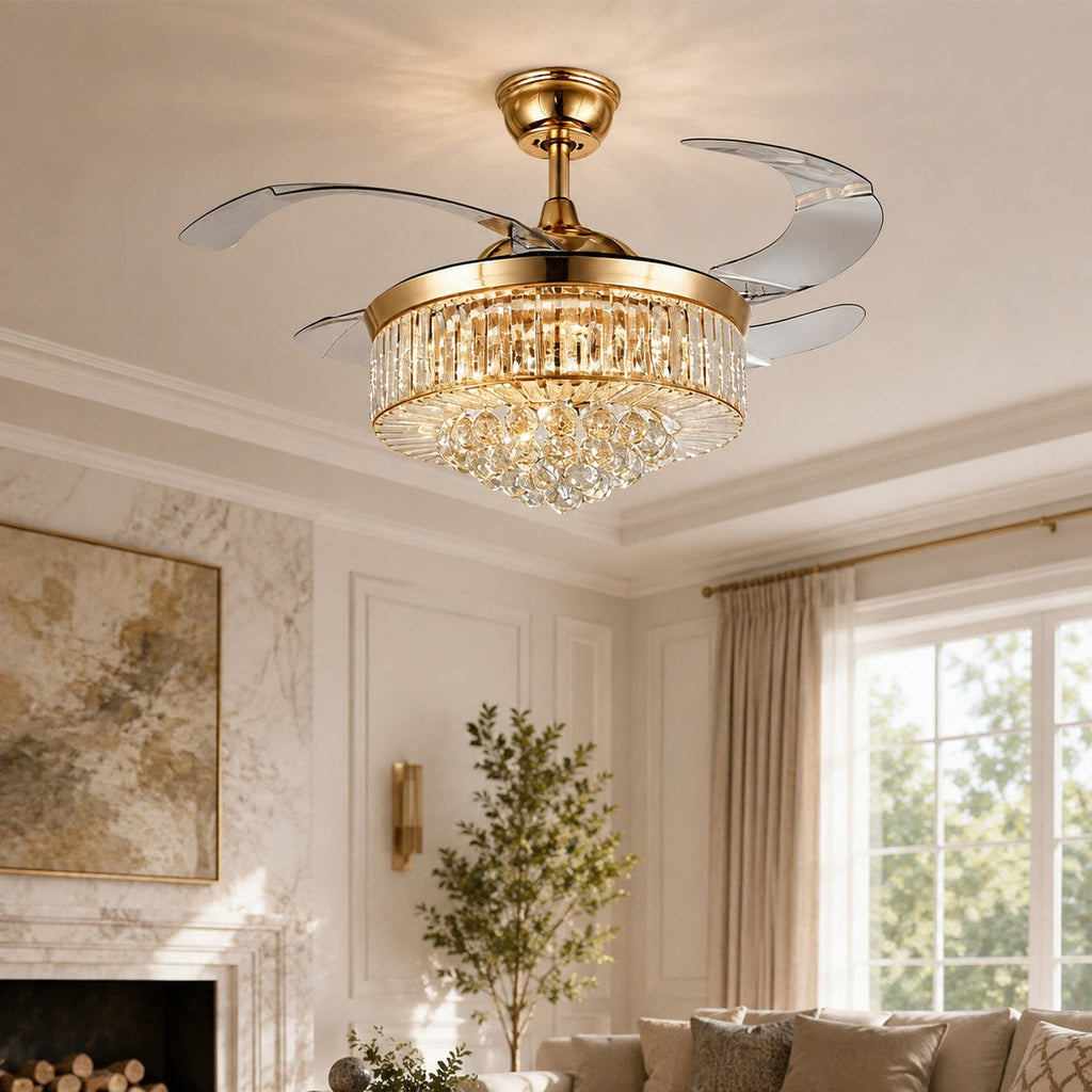 European Ceiling Fan with Lights Flush Mount Crystal Shade Dimmable LED 48W 4 Blades | ribuella