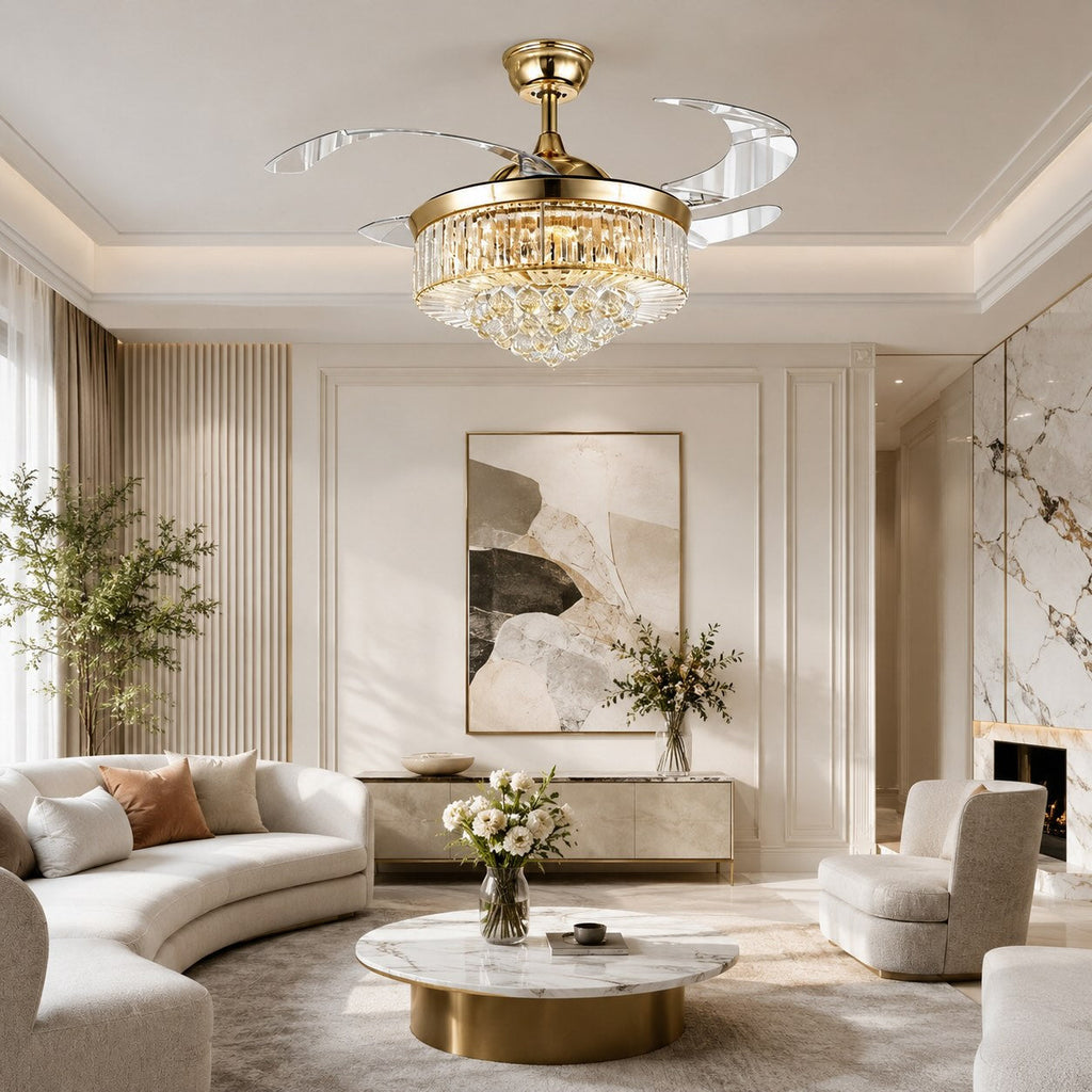 European Ceiling Fan with Lights Flush Mount Crystal Shade Dimmable LED 48W 4 Blades | ribuella