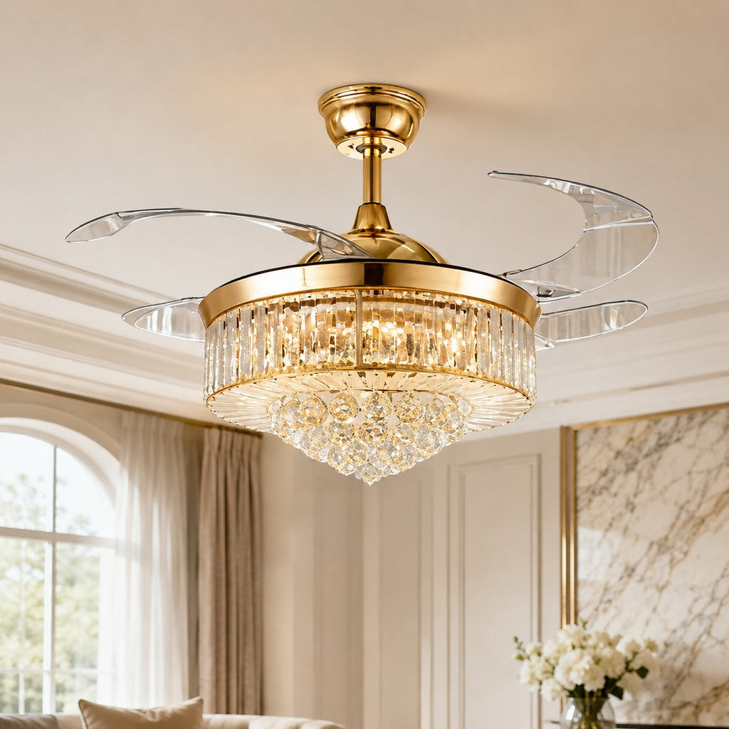 European Ceiling Fan with Lights Flush Mount Crystal Shade Dimmable LED 48W 4 Blades | ribuella