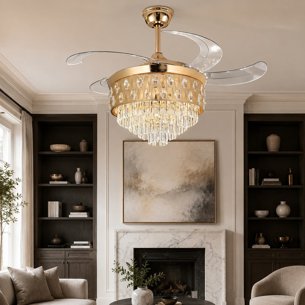 Moderní stropní ventilátor se světly, přisazený, se zlatým železným tělem, stmívatelným LED osvětlením, křišťálovým stínidlem a výkonem 48W | ribuella