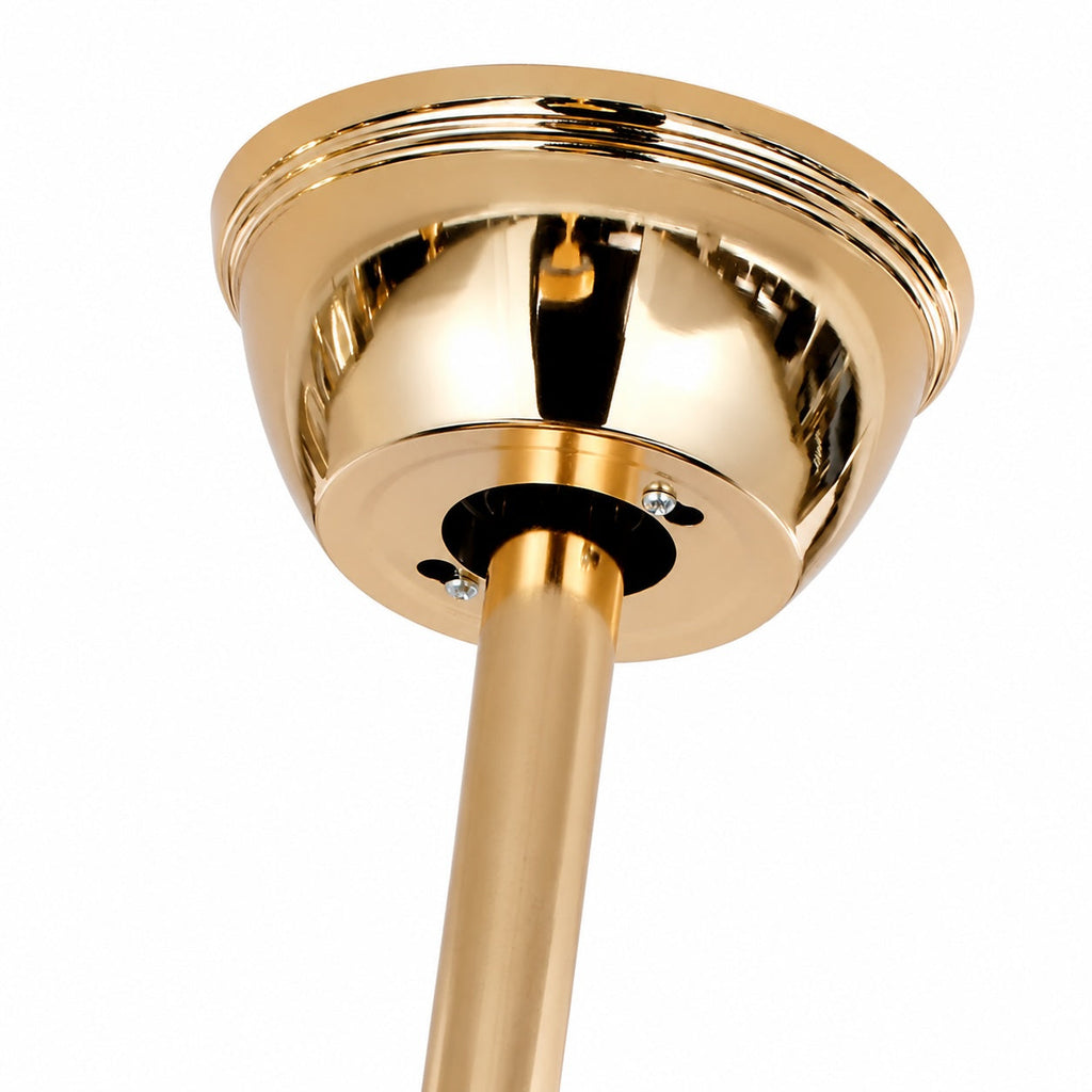 Moderní stropní ventilátor se světly, přisazený, se zlatým železným tělem, stmívatelným LED osvětlením, křišťálovým stínidlem a výkonem 48W | ribuella
