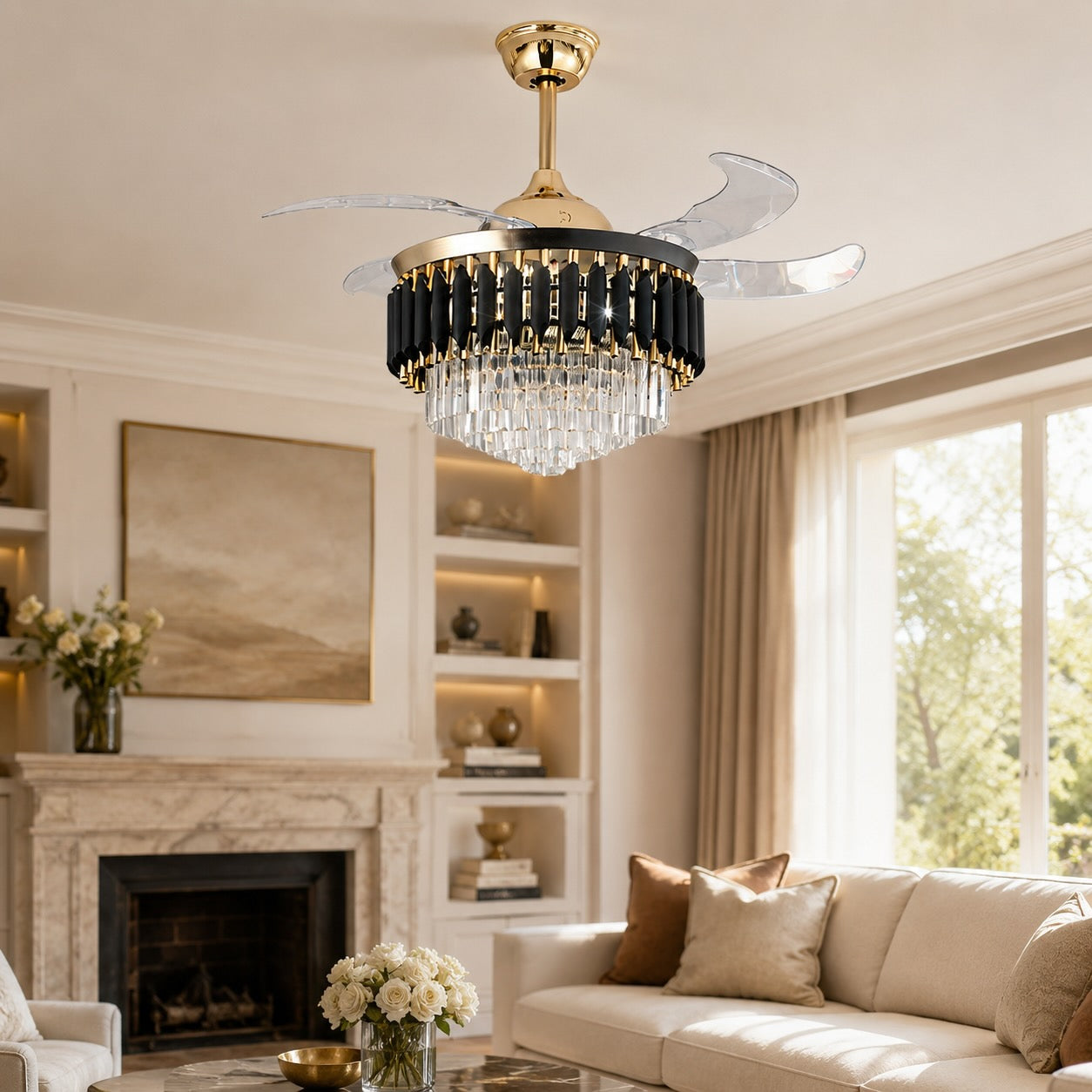 Modern Black Ceiling Fan with Lights Flush Mount Crystal Blades Dimmable LED Quiet Motor | ribuella