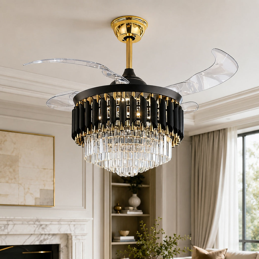Modern Black Ceiling Fan with Lights Flush Mount Crystal Blades Dimmable LED Quiet Motor | ribuella