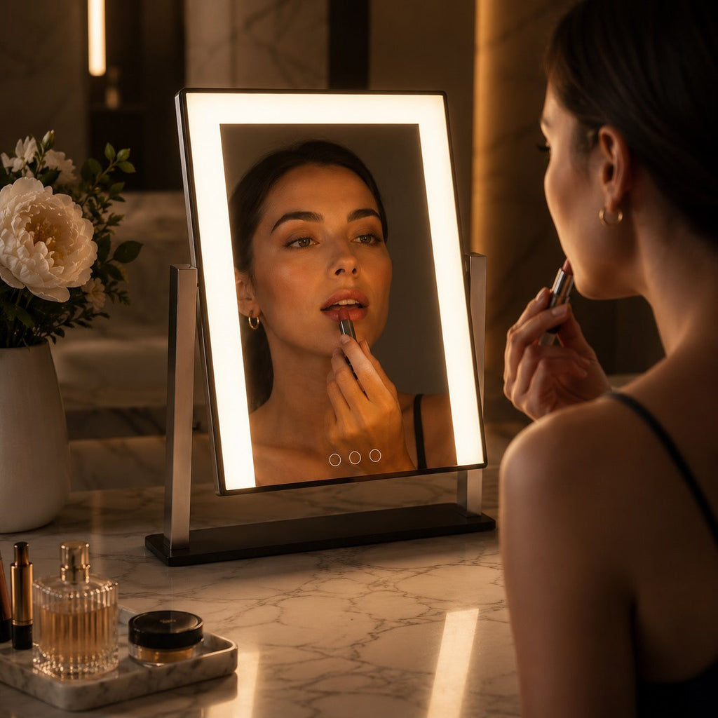 LED Lighted Vanity Mirror with Touch Control Adjustable Brightness 15x Magnifying Mirror 360° Rotation | ribuella
